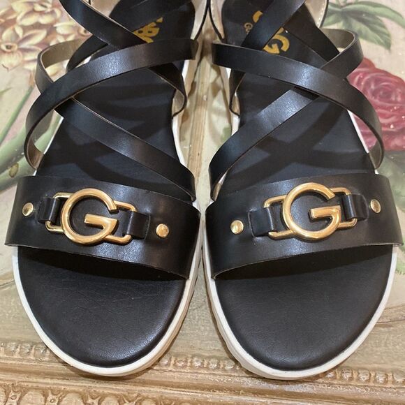 Guess GBG GG Karin Strappy Gold Hardware Zip Back Vegan Sandals Black Sz 6 - Picture 9 of 15